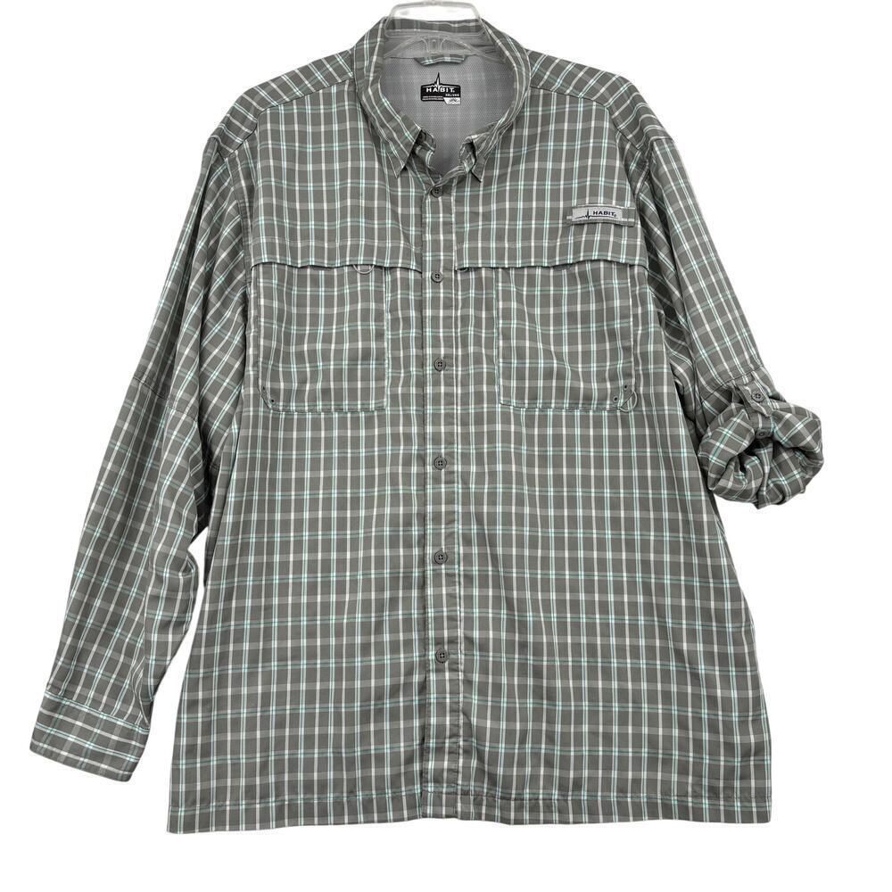 Habit Shirt Mens Size 3XL Gray Plaid Vented Fishing Button Down Roll Tab Sleeve